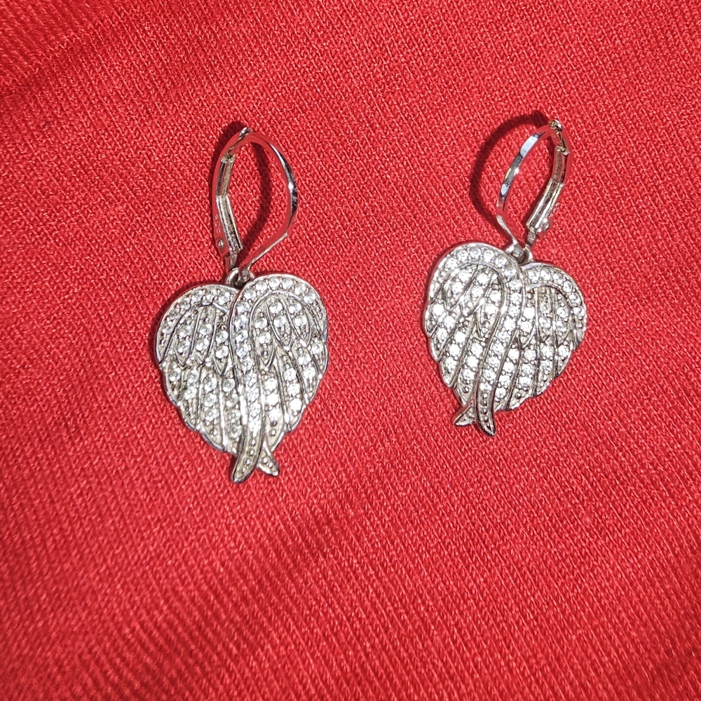 Sterling silver CZ angel wing heart earrings